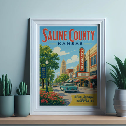Retro poster of Saline County, Kansas, featuring Paramount Theater and Apollo.