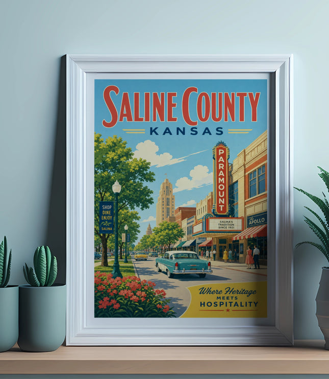 Retro poster of Saline County, Kansas, featuring Paramount Theater and Apollo.