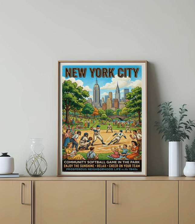 New York City poster of a 1940s softball game in Central Park.