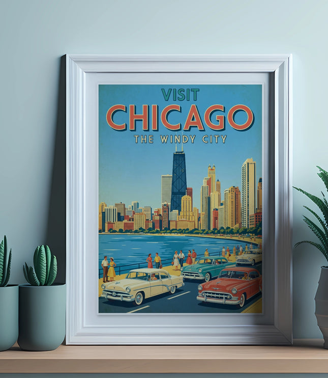 Vintage "Visit Chicago The Windy City" poster with skyline and vintage cars.