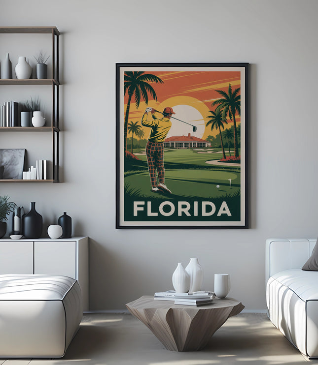 Art print of a golfer at sunset on a golf course with palm trees and the word "FLORIDA"