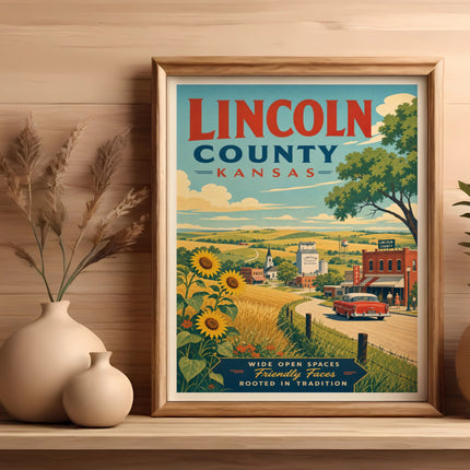Framed vintage poster of Lincoln County, Kansas, with sunflowers and a red car.