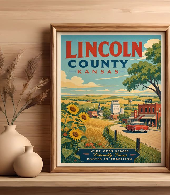 Framed vintage poster of Lincoln County, Kansas, with sunflowers and a red car.