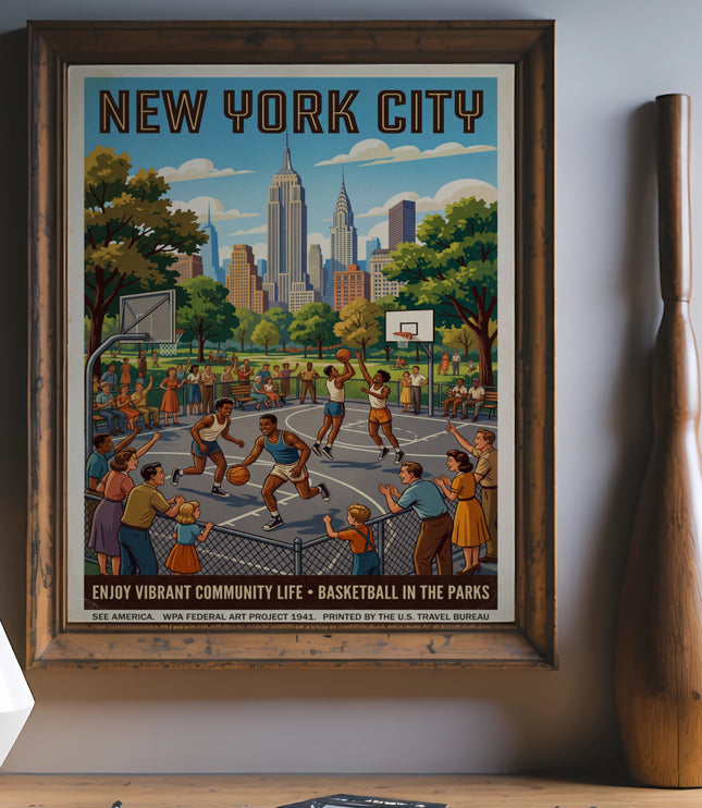 Poster of New York City basketball in a park, "New York City" text.