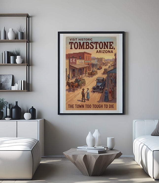Vintage "Visit Historic Tombstone, Arizona" poster with saloons and horse-drawn carriage.