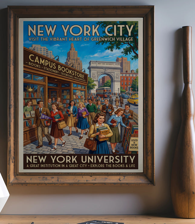 New York City vintage travel poster depicting Greenwich Village and New York University campus.
