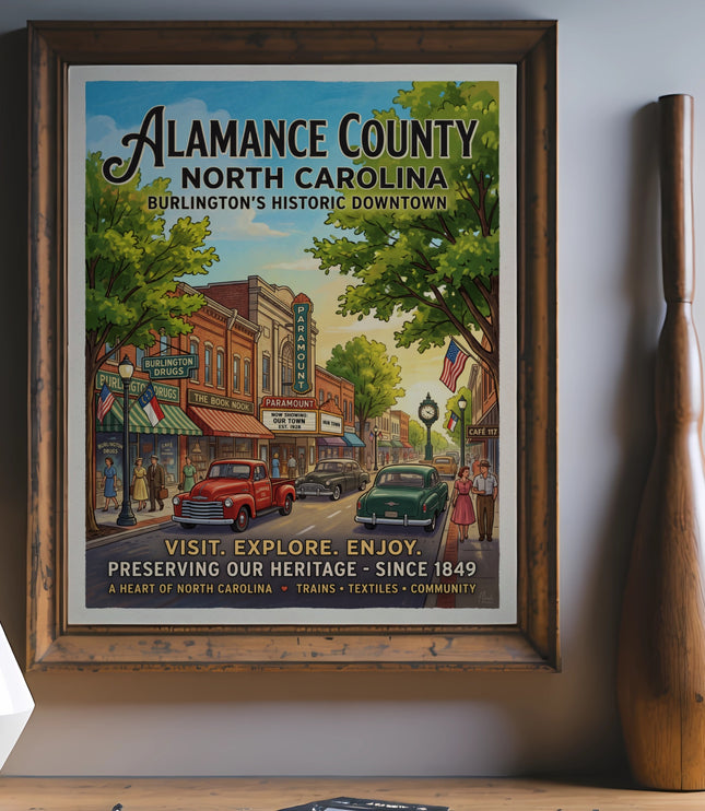 Vintage poster of Alamance County, North Carolina's historic downtown.
