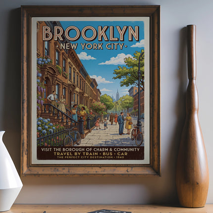 Vintage Brooklyn, New York City travel poster with street scene and text "1940".