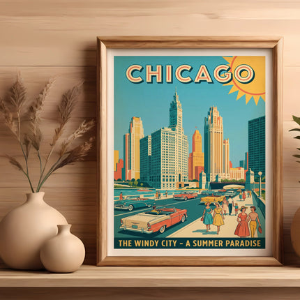 Vintage Chicago travel poster featuring skyline, cars, and people.