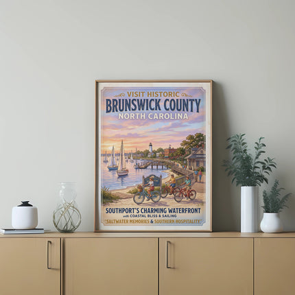 Vintage poster for Brunswick County, North Carolina, showing Southport's waterfront with sailboats and people biking.
