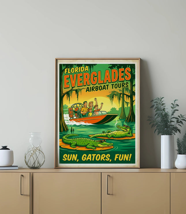 Florida Everglades Airboat Tours poster with people, alligators, and text.