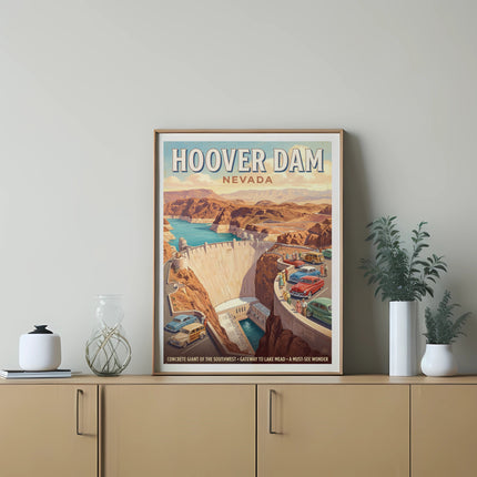 Hoover Dam, Nevada poster with cars and Lake Mead, "Concrete Giant" text.