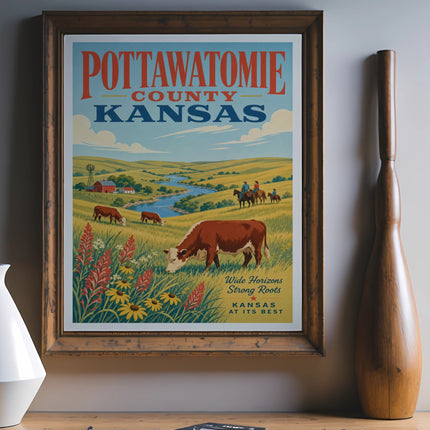 Pottawatomie County Kansas vintage travel poster with cows and riders.