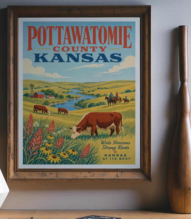 Pottawatomie County Kansas vintage travel poster with cows and riders.