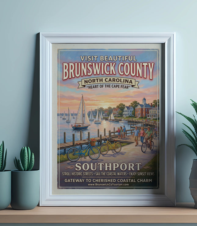 Vintage poster of Southport, North Carolina with sailboats, people, and bikes.