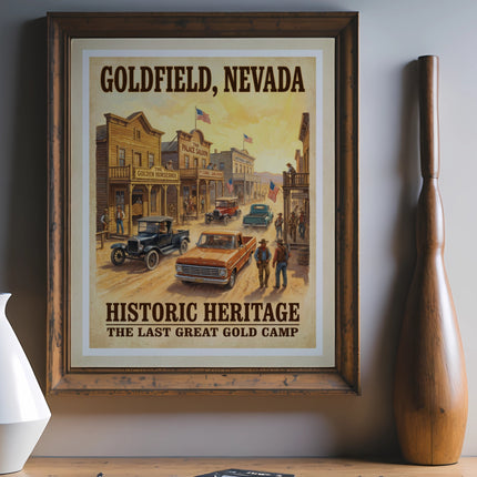 Goldfield, Nevada historic heritage poster with vintage buildings and cars.