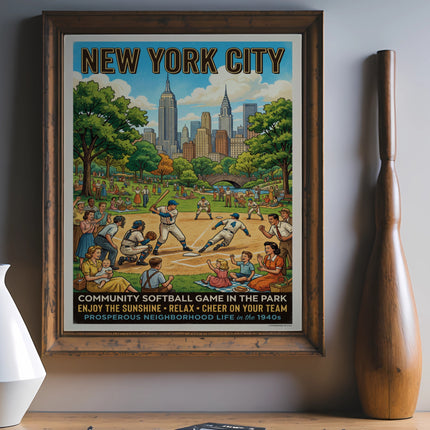 New York City community softball game poster with park, cityscape, and players.