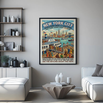 Vintage New York City ferry poster showing Governor's Island passengers.
