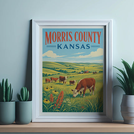 Framed vintage poster: Morris County, Kansas farm scene with cows and wildflowers.