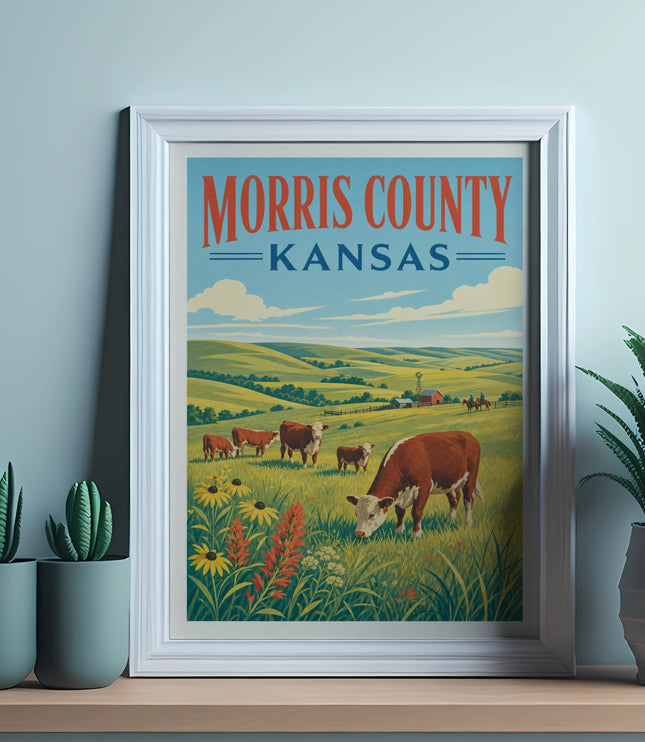 Framed vintage poster: Morris County, Kansas farm scene with cows and wildflowers.