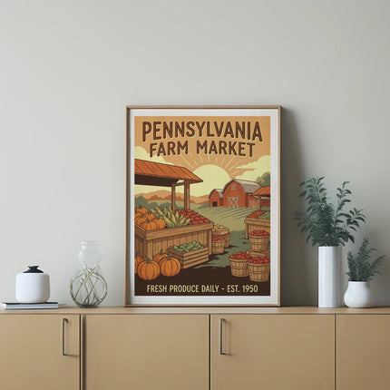 Pennsylvania Farm Market sign with produce and barn illustration.