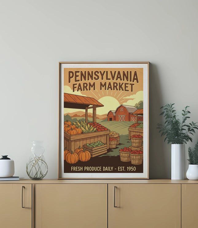 Pennsylvania Farm Market sign with produce and barn illustration.