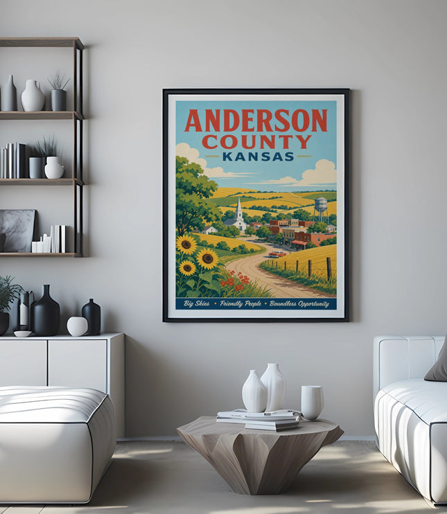 Vintage Anderson County Kansas travel poster with sunflowers and a barn.