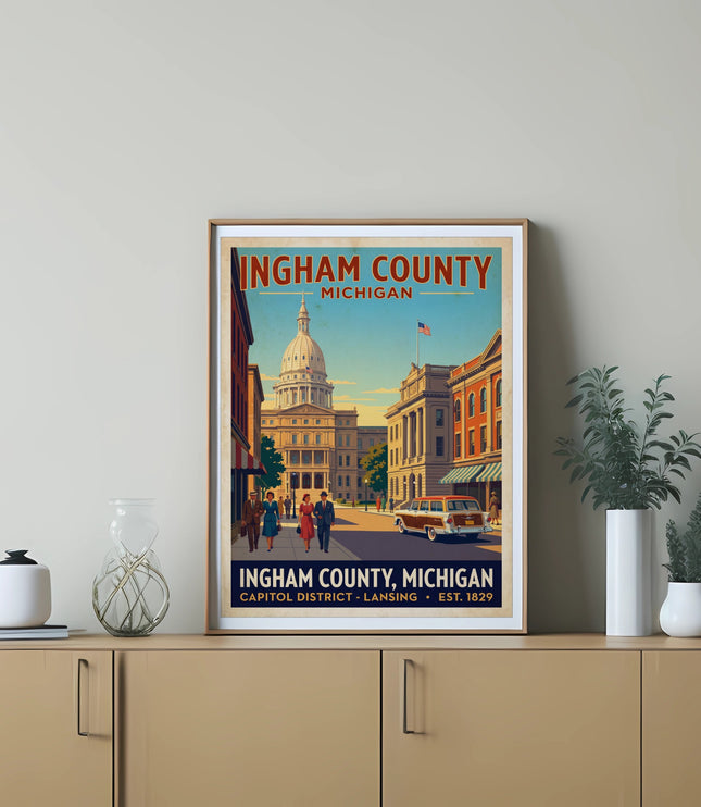 Ingham County Michigan poster with capitol building, people, and retro station wagon.