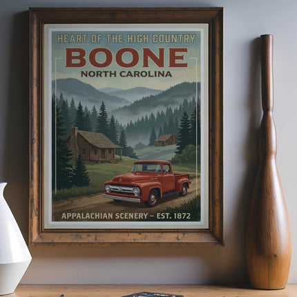 Vintage travel poster for Boone, North Carolina featuring a red truck and cabins.