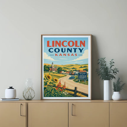 Poster showing a Kansas rural landscape with sunflowers and a welcome sign.