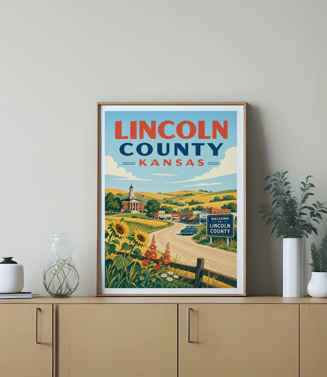 Poster showing a Kansas rural landscape with sunflowers and a welcome sign.