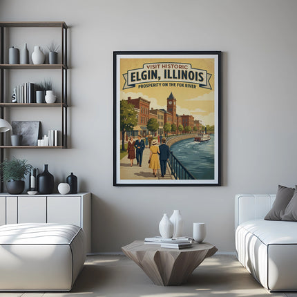 Vintage poster of Elgin, Illinois with riverfront buildings and people.