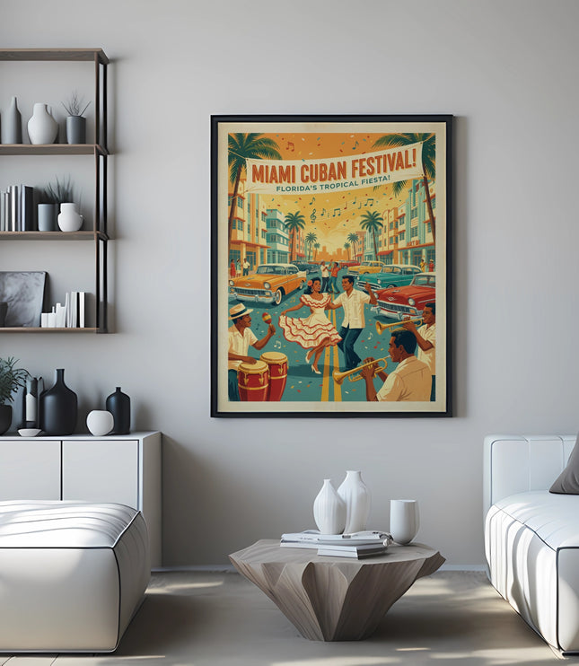 Poster art of Miami Cuban Festival with people dancing and playing music.