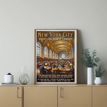 New York City visits the public library poster in a reading room.