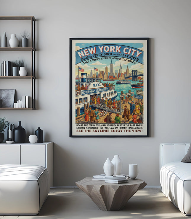 New York City poster of a ferry to Governors Island with skyline view.