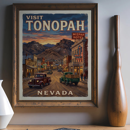 Vintage travel poster for Tonopah, Nevada depicting a town street scene.