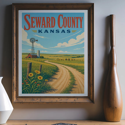 Vintage poster for Seward County, Kansas, featuring a rural landscape with a windmill and farmhouse.