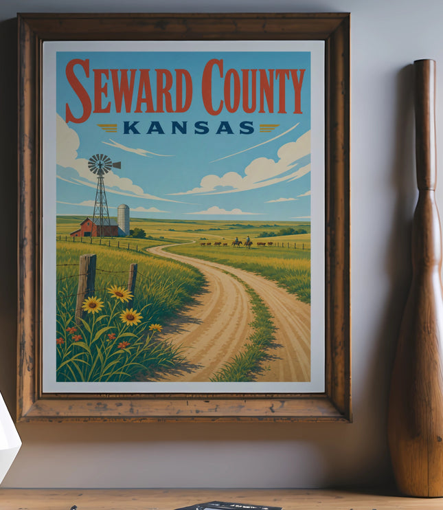 Vintage poster for Seward County, Kansas, featuring a rural landscape with a windmill and farmhouse.