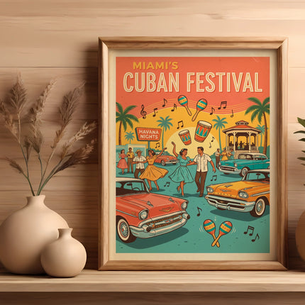Miami's Cuban Festival poster with vintage cars and palm trees.
