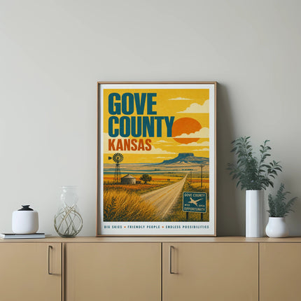 Gove County Kansas travel poster with windmill, sun, and text.