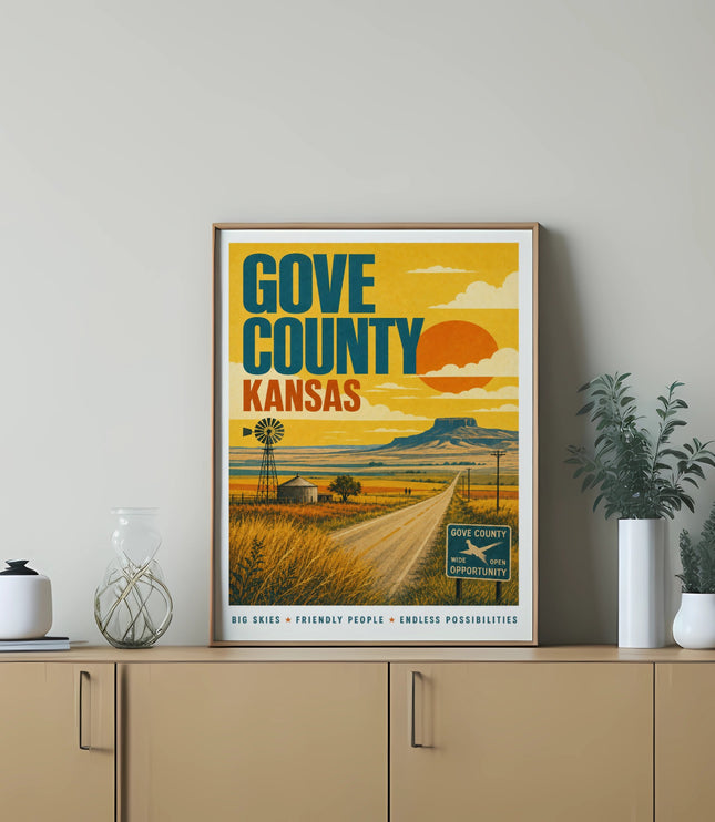 Gove County Kansas travel poster with windmill, sun, and text.
