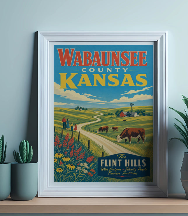 Wabaunsee County Kansas vintage travel poster with farms, hills, and text.