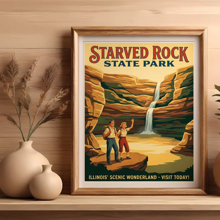 Starved Rock State Park vintage travel poster with waterfall and couple.
