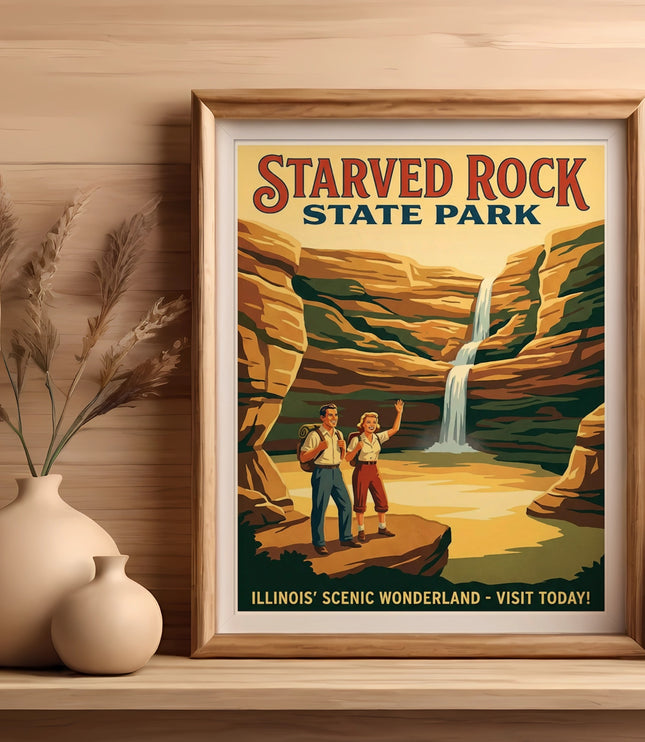 Starved Rock State Park vintage travel poster with waterfall and couple.