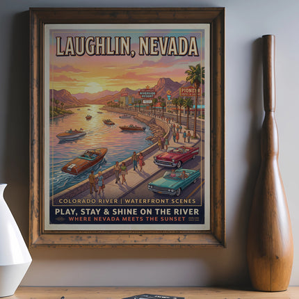 Laughlin, Nevada vintage travel poster with river scenes and text.