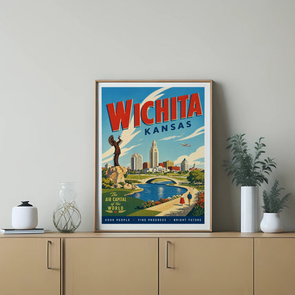 Wichita, Kansas vintage travel poster with skyline and "The Air Capital of the World" text.