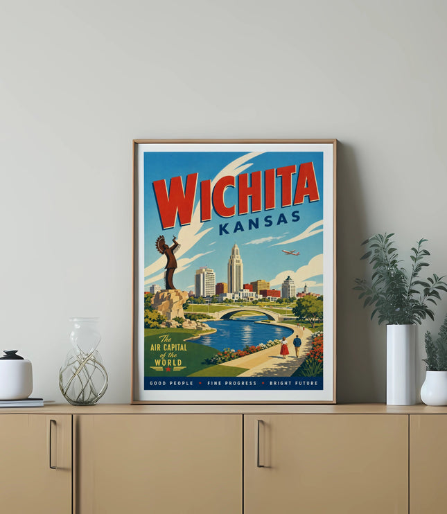 Wichita, Kansas vintage travel poster with skyline and "The Air Capital of the World" text.