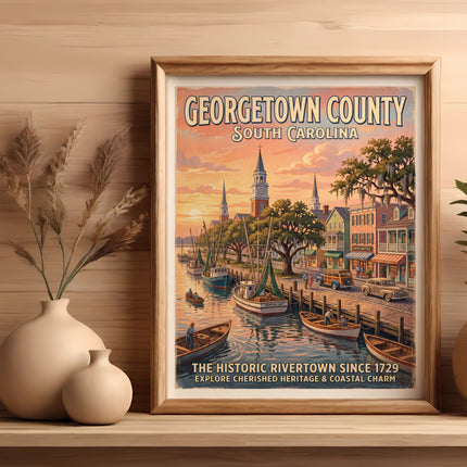 Vintage travel poster for Georgetown County, South Carolina featuring a harbor scene and text.