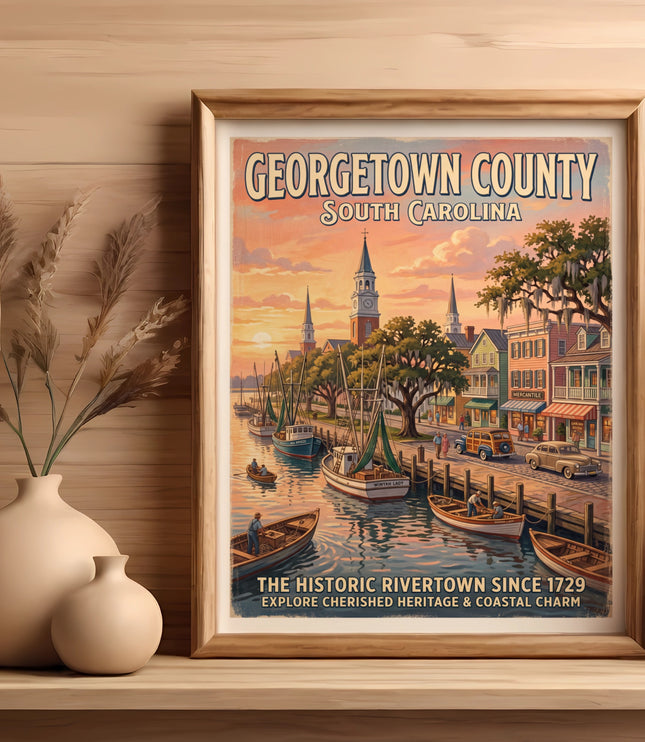 Vintage travel poster for Georgetown County, South Carolina featuring a harbor scene and text.