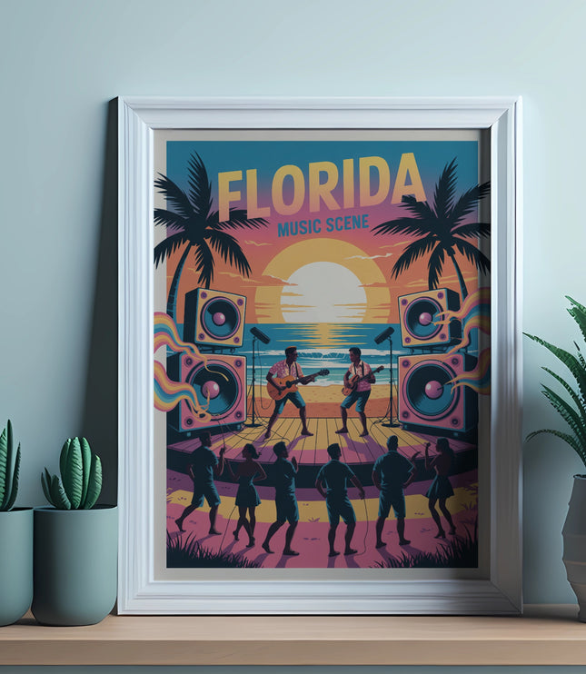 Framed art print with "Florida Music Scene" text, concert on beach at sunset.
